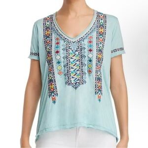 Johnny Was Amaris Everyday Embroidered Short-Sleeve Tee, Light Blue, size XL